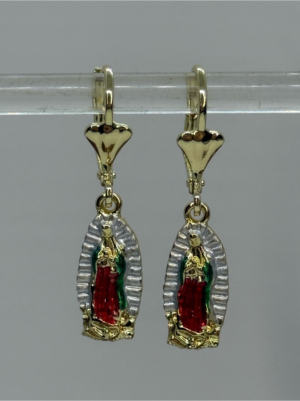 Gold-plated 14k Virgin Mary Red & Green Enamel Drop Earrings